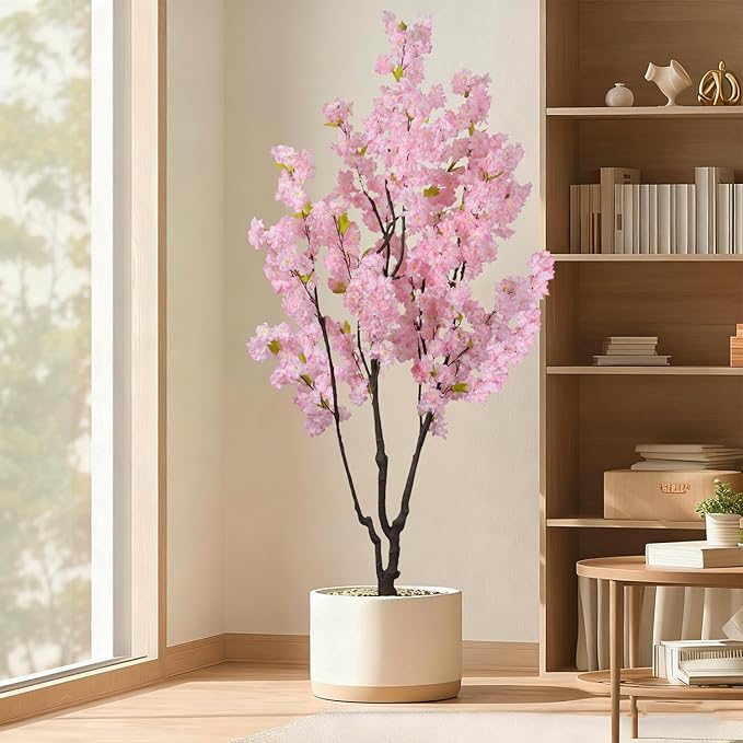 Faux Pink Cherry Blossom Tree 6.5ft(78in) Tall Artificial Plant Indoor Decor Handmade Natural Fake Sakura Tree for Wedding Realistic Silk Cherry Floral in Pot for Home Living Room,Office,Outdoor Decor