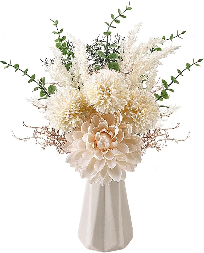 CEWOR Fake Flowers in Ceramic Vase, Artificial Flowers with Ceramic Vase Faux Silk Floral Arrangement Table Centerpieces Decor for Home Office Dining Farmhouse Coffee Table Living Room