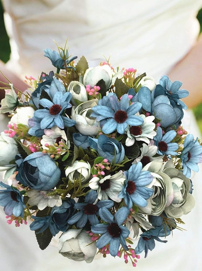 CATTREE Artificial Peony Bud Mixed Flowers, Plastic Plants Silk Fake Flowers Bouquet Bridal Home Garden Office Kitchen Bathroom Table Centerpieces Wedding Decor Decorations 4 pcs - Blue