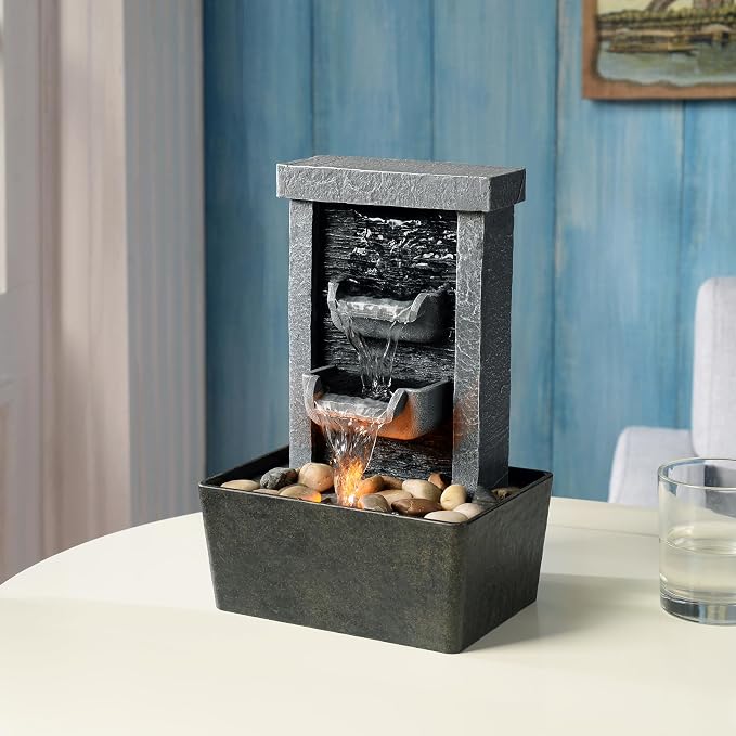 GOSSI Indoor Waterfall Fountain, 10.3" Tabletop Water Fountain with LED Lights & River Rocks, Relaxing Home Office Decor