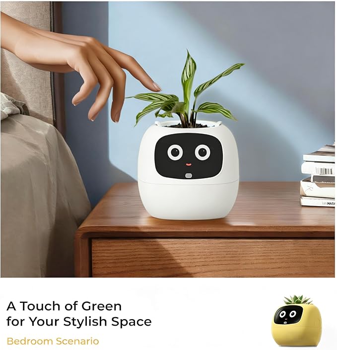 Smart Pet Planter, Smart Plant Pot, With Artificial Intelligence, Time Weather Display, And Multiple Expressions Animation,Lovely Plant Companion, For Desktop Decoration, Gifts,Plant-Free (Ivory)