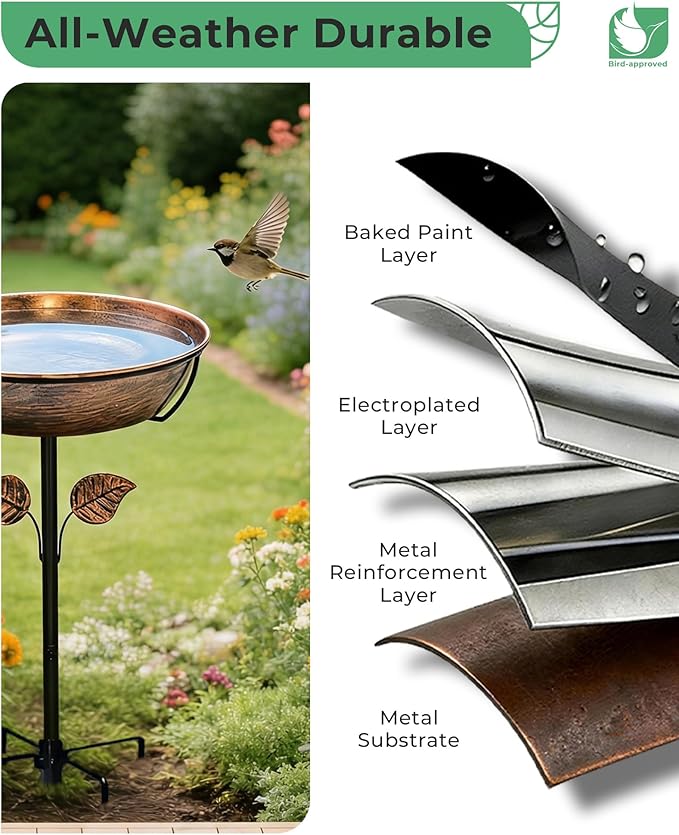 3" Deep Metal Bird Bath for Outdoors, Removable 13" Dia Bowl with Stable Upgrades Stake, Easy to Clean Birdbaths for Garden Yard Lawn Decor 1.4 Gallon