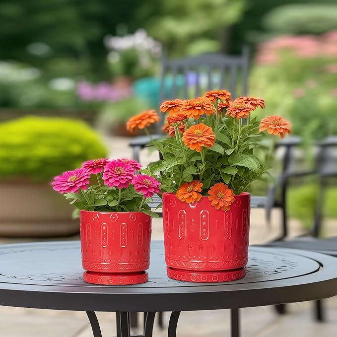 10 Inch Plant Pot, Ceramic Pots for Plants for Indoor Outdoor Plants, Round Planter with Drainage Hole and Tray, Boho Decorative Flower Pots, Front Porch Decor, Gifts for Plant Lovers, Red