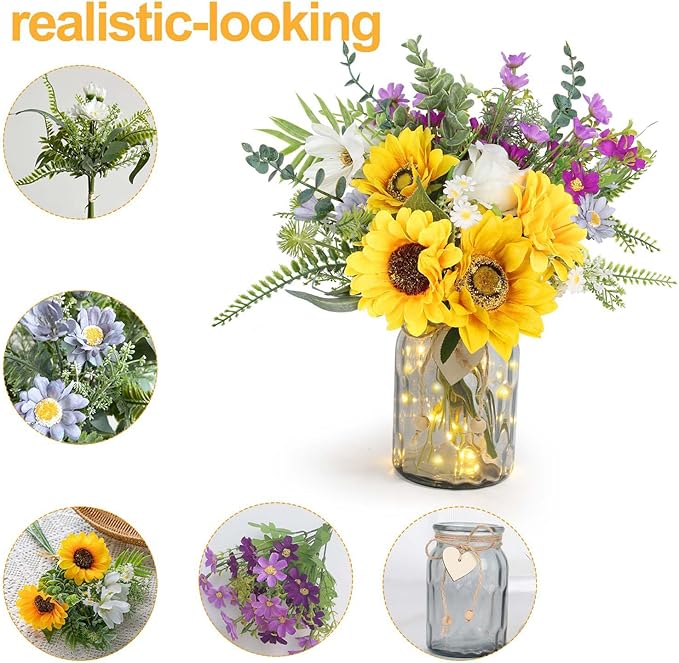 Sunflower Fake Flowers in Vase, Sunflowers Lavender Artificial Flowers with Vase for Table Centerpieces, Silk Flower Bouquet Faux Floral Arrangements Kitchen Farmhouse Cemetery Gravesites Decor