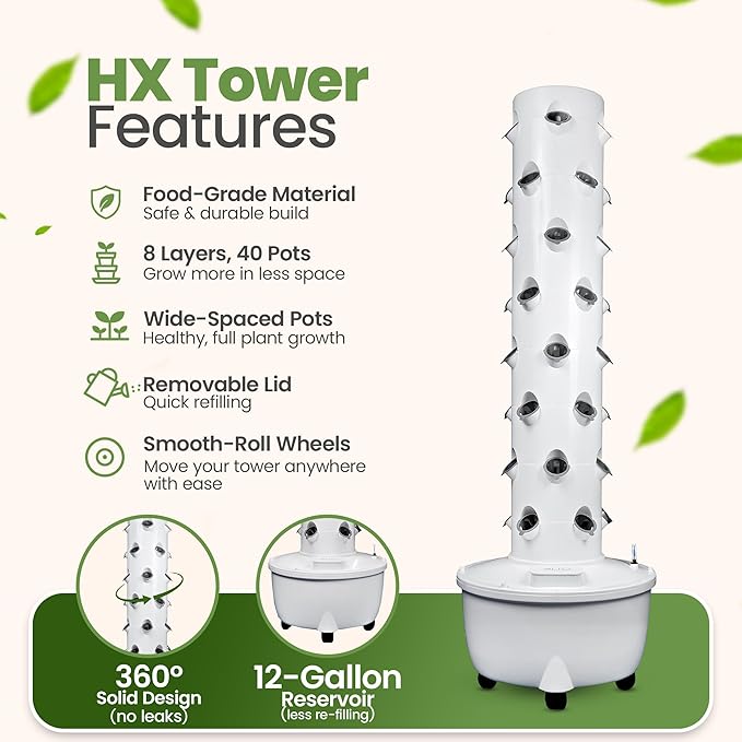 HX Aeroponic Tower | High Capacity Tower | Hydroponics Growing System Kit | Food Grade with 40 Net Pots (Without Lights)