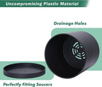 D'vine Dev 10 Inch Plastic Planter Pots for Plant Pot with Drainage Hole and Seamless Saucers, Black Color, 74-X-B-2