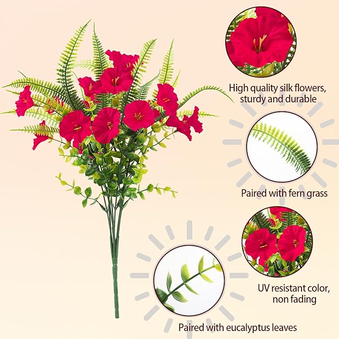 Artificial Flowers for Outdoors 12 Bundles Artificial Petunias Fake Flowers UV Resistant Shrubs Plants with Fern for Indoor Outside Hanging Planters Home Garden Spring Summer Decorations