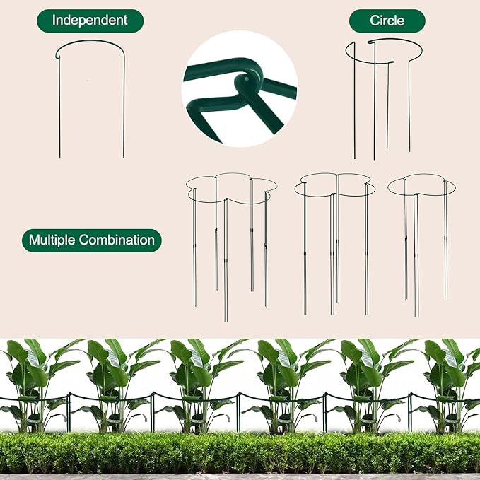 Tall Heavy-Duty 30in Plant Support Stakes - 8 Pack Adjustable Peony Cages & Supports for Outdoor Plants, Half-Round Garden Stakes for Hydrangea, Roses with Extension Stakes
