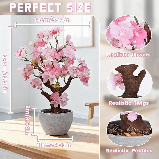 TOARTi Artificial Pink Cherry Blossom Potted Plant with Stone Pot, 13.4" Tall Fake Flowers Faux Plant Desk Decor, Realistic Decorative Plants Indoor Decor for for Home Bedroom Bathroom Office Desk