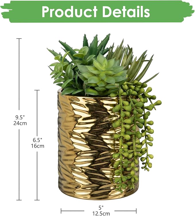 Hollyone Gold Artificial Succulents in Pots Faux Succulents Plants Fake Succulent Arrangement Potted Plants with Gold Tall Ceramic Vase for Desk Bathroom Shelf Living Room Indoor Home Decor Large