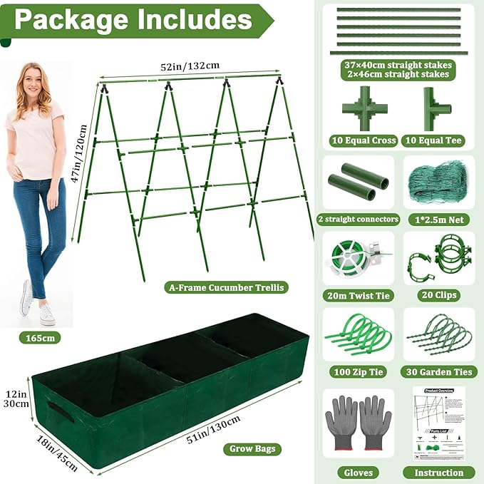Tidponra Cucumber Trellis for Garden, 50 x 54 Inches A Frame Gardening Trellis with Fabric Raised Garden Bed, Climbing Net and Plant Support Clips for Climbing Plants