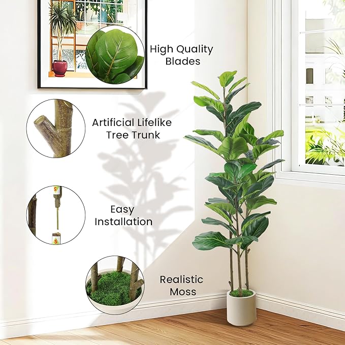 Alupssuc 4FT Artificial Fiddle Leaf Fig Tree with White Planter Pot, 4 feet Tall Fake Tree for Home Decor, Faux Ficus Tree Fake Moss for Indoor Outdoor Office Living Room