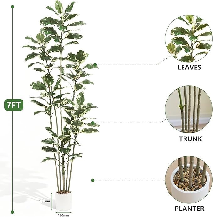 Artificial Rubber Tree 7FT, Tall Fake Plants in White Planter, Faux Plants Indoor Large Floor Silk Rubber Plant in Pot, Tropical Artificial Trees for House Home Office Room Outdoor Decor