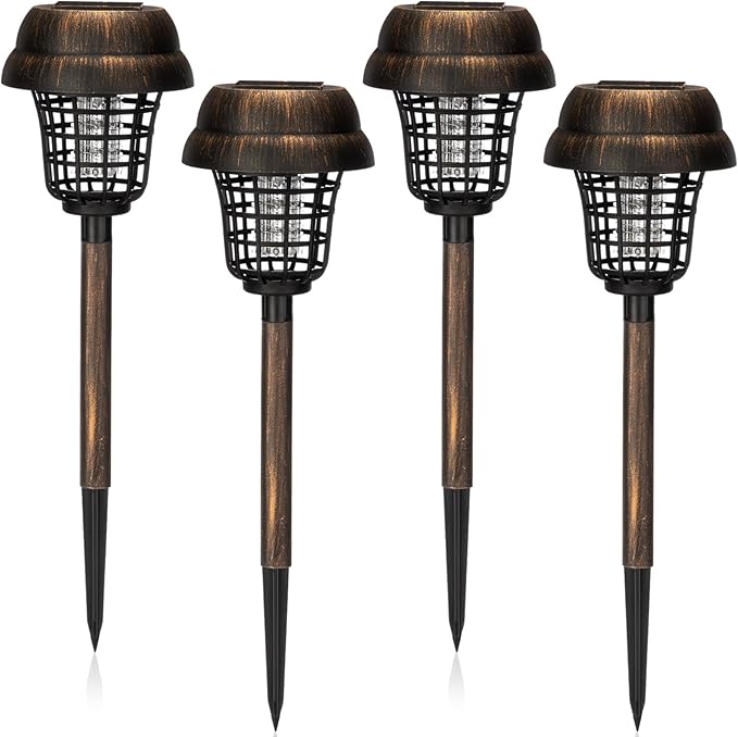 Qualirey 4 Pcs Solar Mosquito Zapper Outdoor Waterproof Solar Powered Bug Zapper Outdoor Mosquito Killer Lamp Trap Repellent Light for Garden Yard Insect (Purple and White Light,Bronze)