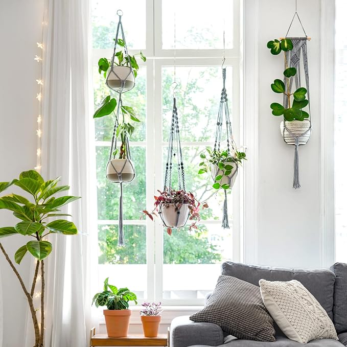 Mkono Macrame Plant Hanger Indoor Hanging Planter Basket with Wood Beads Decorative Flower Pot Holder No Tassels for Indoor Outdoor Boho Home Decor 35 Inch, Grey, Set of 1 (POTS NOT Included)