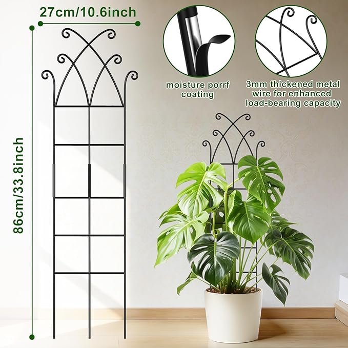 33.8in Tall Trellis for Climbing Plants Indoor & Outdoor, 4 Pack Metal Trellis for Potted Houseplant, Sturdy Support for Ivy, Pothos, Monstera, Hoya and Flower Vines, Black