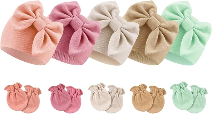BQUBO Newborn Baby Girls Hats Mittens Set Hospital Hat Beanie Infant Bow Hats Baby Cotton Gloves for 0-6 Months