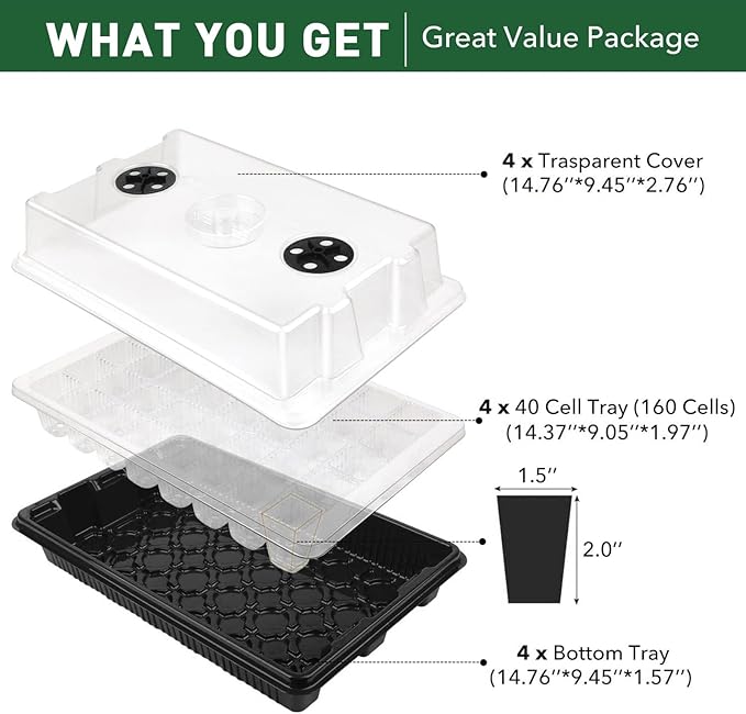 YAUNGEL Seed Starting Trays, XL Thicken Seed Starter Tray Kit with Humidity Dome Durable Growing Trays for Greenhouse & Gardens, 4 Pack 160 Cells, Black