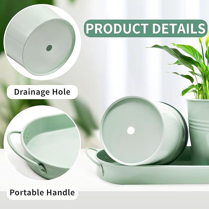TCBWFY Indoor Herb Garden Planter Set - 3 Pack 4.7" Green Metal Plant Pots with Drainage Holes & Removable Tray - Windowsill Kitchen Counter Balcony Office Garden