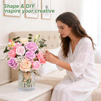Livole 22Pcs Fake Flowers in Vase Silk Artificial Flowers with Vase & Light Fake Plant Eucalyptus Flower Arrangement for Table Centerpieces Decor for Living Room Coffee Home Farmhouse Purple