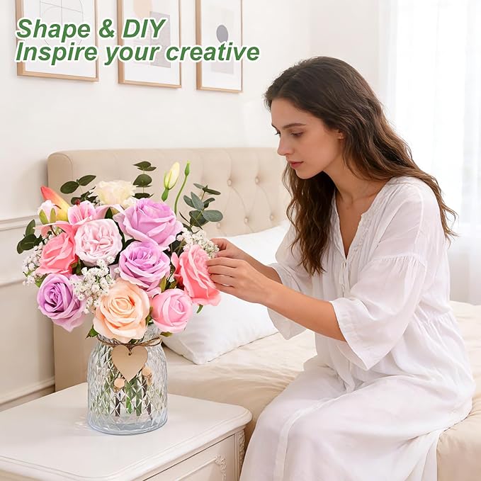 Livole 22Pcs Fake Flowers in Vase Silk Artificial Flowers with Vase & Light Fake Plant Eucalyptus Flower Arrangement for Table Centerpieces Decor for Living Room Coffee Home Farmhouse Purple