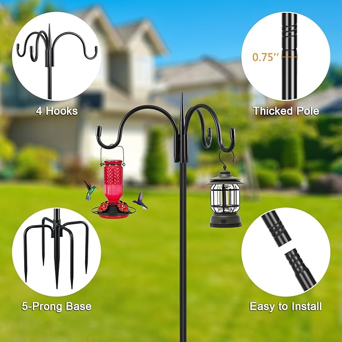 FEED GARDEN [Upgrade Version 76 Inch Three Shepherd Hooks for Outdoor,Bird Feeder Pole with 5 Prong Base, Adjustable Shepard Hooks for Hanging Plant, Solar Lanterns, Wind Chimes, 1 Pack