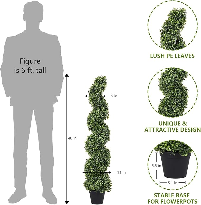 THE BLOOM TIMES 4ft Tall Spiral Topiary Trees Artificial Outdoor Set of 2, 48 Inch UV Resistant Large Faux Evergreen Fake Boxwood Plants for Front Porch Outside Planter Entryway Entrance Decor 4 Foot