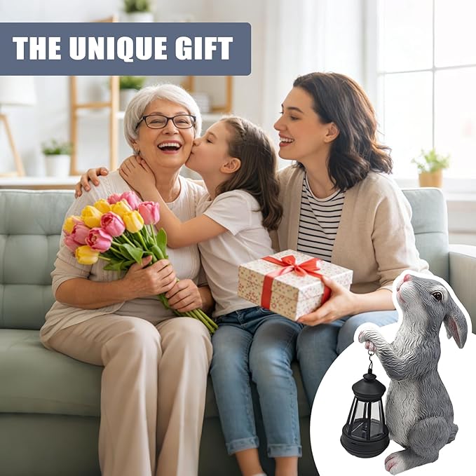 Solar Rabbit Garden Statue with Glowing Lantern - Weatherproof Resin Outdoor Decor for Yard, Patio, Lawn & Balcony, Unique Housewarming, Easter & Birthday Gift for Women, Mom, Grandma
