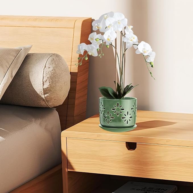 6+5 Inch Orchid Pots with Holes, Ceramic Orchid Pots for Repotting, Healthy Air Circulation Plant Pots for Plant Lovers, Planters for Indoor Plants -2 Pack
