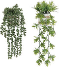 Fake Hanging Plants, 2pcs Artificial Potted Greenery Faux Eucalyptus Vine Fern and String of Pearls in Pot for Home Room Wall Shelf Patio Garden Indoor Outdoor Decor