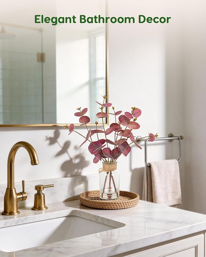 Velener Faux Eucalyptus Stems in Vase with Faux Water, Fake Plants Artificial Eucalyptus Plant for Home Decor, Kitchen Bathroom Farmhouse Living Room Coffee Table Faux Centerpieces for Tables (Red)