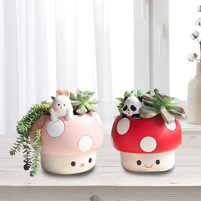 EOBTAIN Unique Mushroom Planter Pot Cute Animal Rabbit Pink Resin Succulent Small Pots for Indoor Plants Mini Cactus Planter Pots Living Room Office Table Decor,Mushroom Lover Gifts,4 Inch