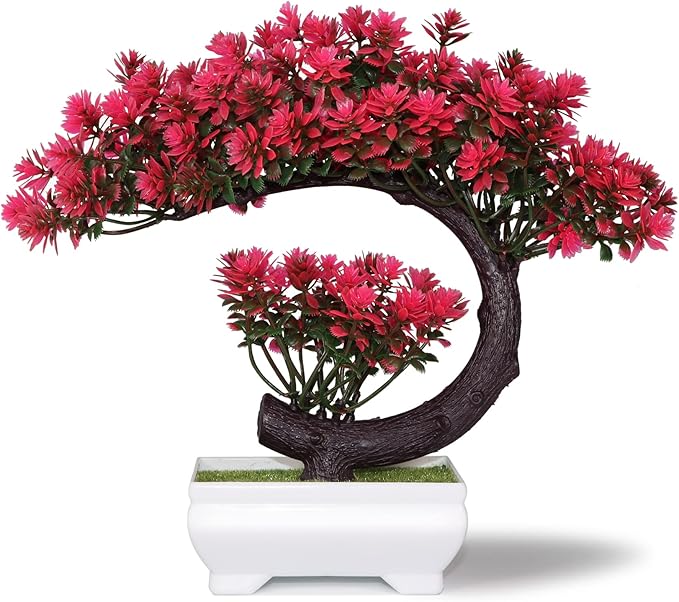 Fake Plants Small Artificial Bonsai Tree for Home Decor Living Room Bathroom Bookshelf Entryway Table Wall Shelf Modern Farmhouse Decor, 8.5" Tall, Magenta