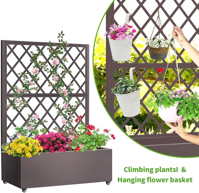 Metal Planter Box with Privacy Screen Trellis,Galvanized Raised Garden Bed On Wheels for Climbing Plants Vines, Standing Garden Flower Bed with Drainage Holes(Espresso, 35" L x16 W x 55" H)