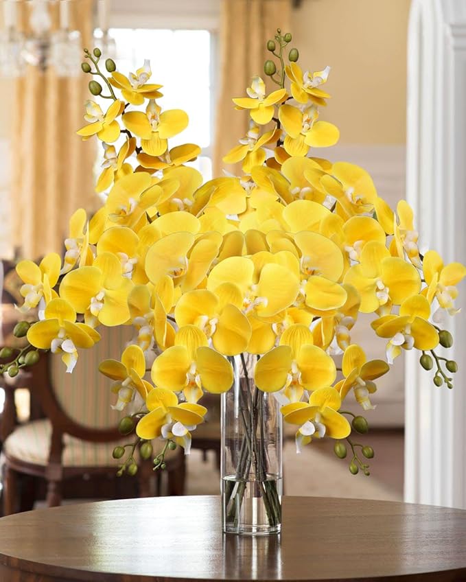 4 Pcs Artificial Orchid Flowers 9 Large Heads of Real Touch Vivid Phalaenopsis Orchid Flower Stem 31.5'' Tall, Artificial Flowers Branches for Home Decor, Office House Decor-Yellow Phalaenopsis