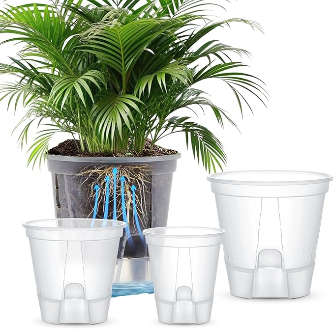 Wonderjune Self Watering Pots for Indoor Plants with Deep Reservoir and High Drainage Holes for Outdoor Plants and Flowers, Bare Root Planter(4.72''/5.91''/7.09''/8.27'',Clear,4 Pcs)