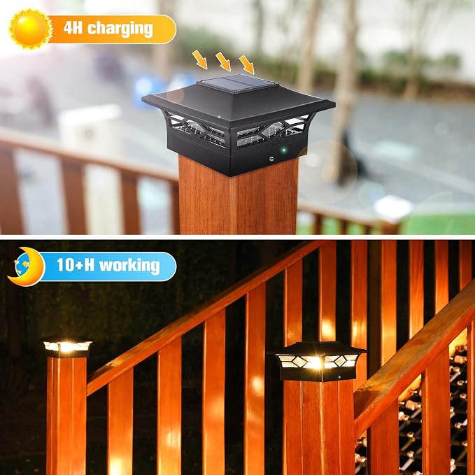 VOLISUN Solar Post Cap Lights: 8 - Pack Outdoor Deck Post Cap Lights Black for Dock Fence Waterproof 2 Color Modes,4x4/6x6 Wooden/Vinyl Posts