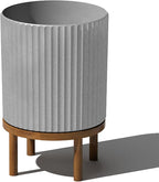 Veradek Demi Series Round Planter w/ Stand for Porch/Patio | Durable Plastic-Concrete & Wooden Stand | Modern Décor for Tall Plants, Flowers