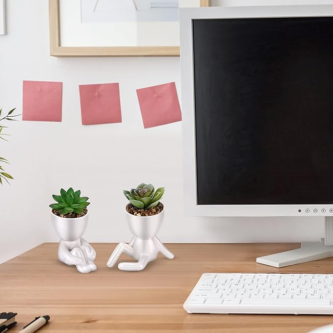 Fake Succulent, Mini Succulents Plants Artificial in White Modern Human Shaped Ceramic Pots Cute Desk Decor Pink Succulent for Office Decor for Women Girls, Desk Plant Cute Bathroom Decor 2PCS