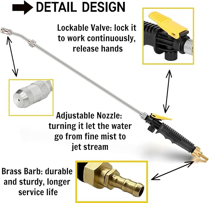 29'' Sprayer Wand Replacement, 1/4" & 3/8" Brass Barb Universal Stainless Sprayer Wand with Shut off Valve, Adjustable Watering Wand with 2 Hose Clamps & 1 Tape