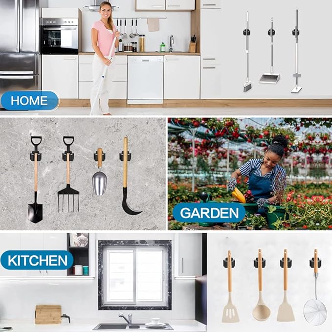 JAMEND CLXP 12PCS Broom and Mop Holder, Heavy Duty Garden Tool Organizer Rack Rake and Shovel Handle, Stainless Steel Mop Hanger. Wall Mounted Utility Rack with Screws, Silver.
