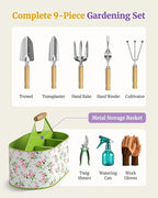 9-Piece Garden Tool Set, Heavy Duty Stainless Steel Rust-Proof Planting Kit with Ergonomic Wood Handles, Durable Metal Organizer Basket with 4 Compartments, Ideal Gardening Gift for Women, Mother