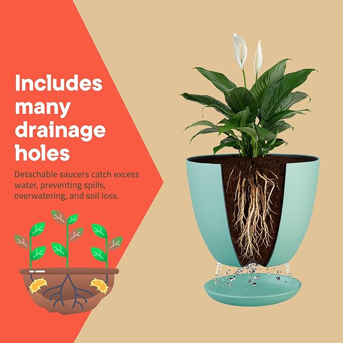 Planter Pots with Drainage Holes - Lightweight, Durable, and Space-Saving Pots for Indoor and Outdoor - Versatile Functionality, Simple Modern Design, Set of 15 Plastic Planter Pots - Aqua