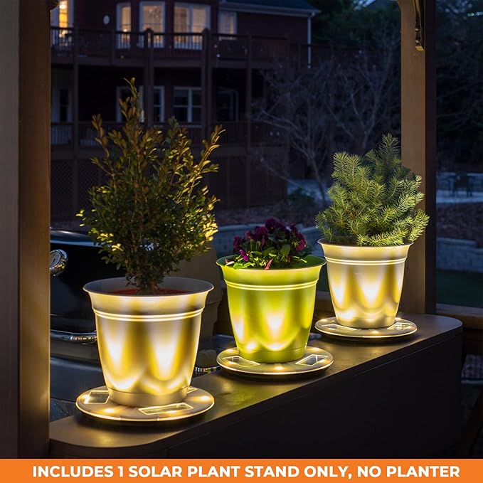 Gama Sonic Illuminated Plant Stand for Outdoor, Solar Power, White Base for Exterior Potted Plants, Entryway, Pathway, Landscape Planter Lighting (77i50265)