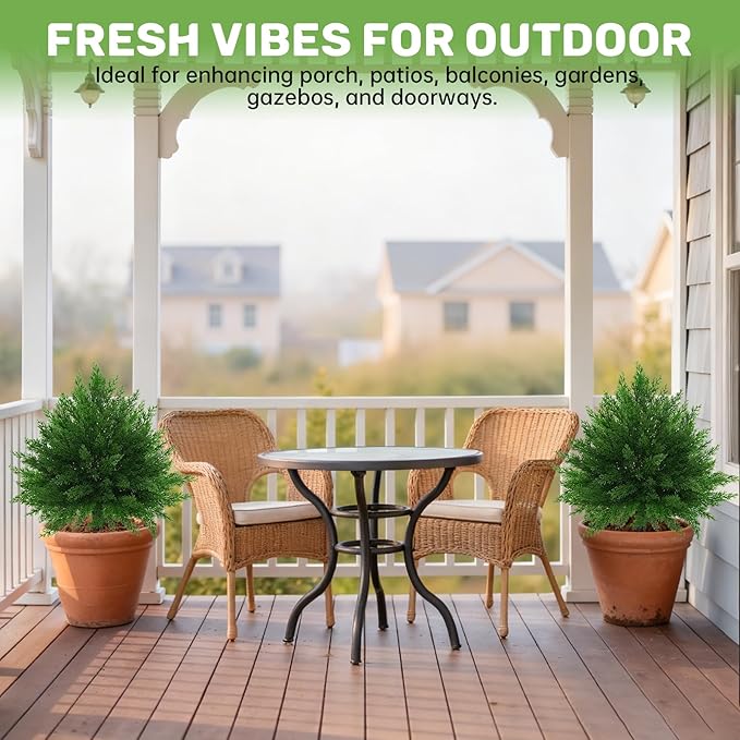 Grooy Artificial CedarTopiary Bushes for Outdoors with Spike, Set of 2 Cypress Topiary Trees with UV Resistant, Outdoors Fake Shrubs Faux Plants for Front Porch Indoor Outdoor Decor