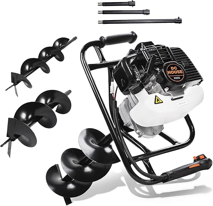 DC HOUSE Post Hole Digger, 52cc 1800W Gas Powered Earth Auger Earth Digger, Auger Post Hole Digger with Two Drill Bit 6" & 10" and Extension Rods, for Fence, Farmland and Garden, EPA Certified