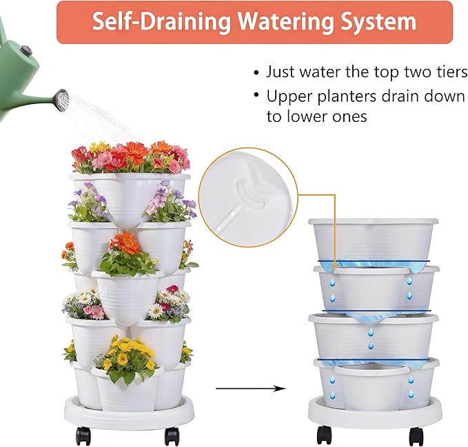 VECELO 5 Tier Vertical Garden Planter, Self Watering Stackable Planters with Wheels for Strawberries, Herbs, Flowers, Vegetables, White