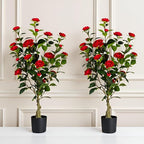 Artificial Camellia Tree 2 Pack, 3FT Faux Camellia Plant in Pot, 36 inch Fake Potted Camellia Flower Tree Plastic Camellia Tree for Modern Home Office Christmas Living Room Floor Decor Indoor, Red