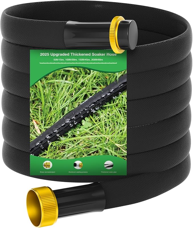 MIXC 2026 Thickened Flat Soaker Hose 50Ft with Copper Joint, Saving 80% Water, Aluminum Seal, 1mm Hose, 360°Swival Handle, Hole Pressure Relief Gasket, Drip Kit for Vegetable Garden, Lawn, Flower Bed