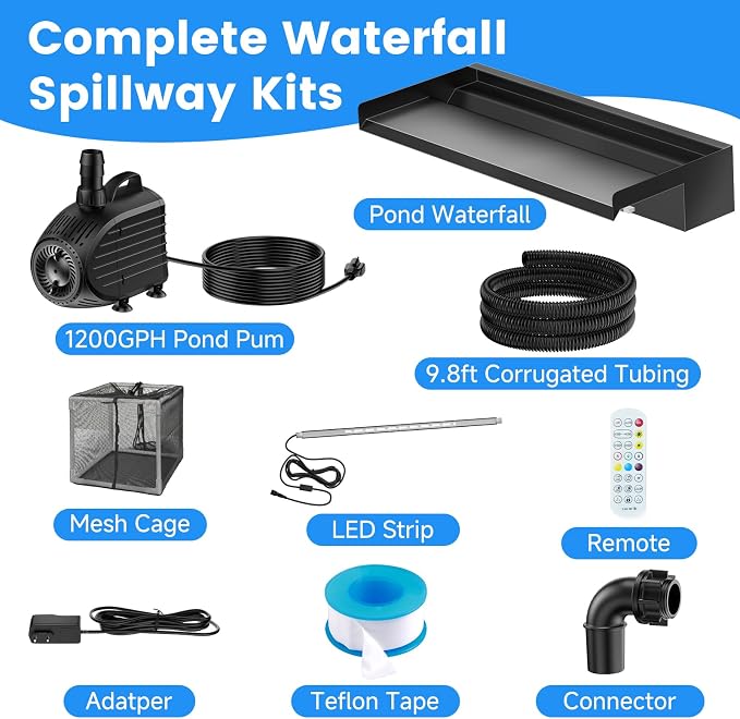 POPOSOAP 24 Inch Pond Waterfall Spillway Kit, RGB Multi-Color LED Lights Pond Waterfall with 1200GPH Pond Pump & 304 Stainless Steel, APP/Remote Control for Pond Garden Fish Tank Water Features-P46DC